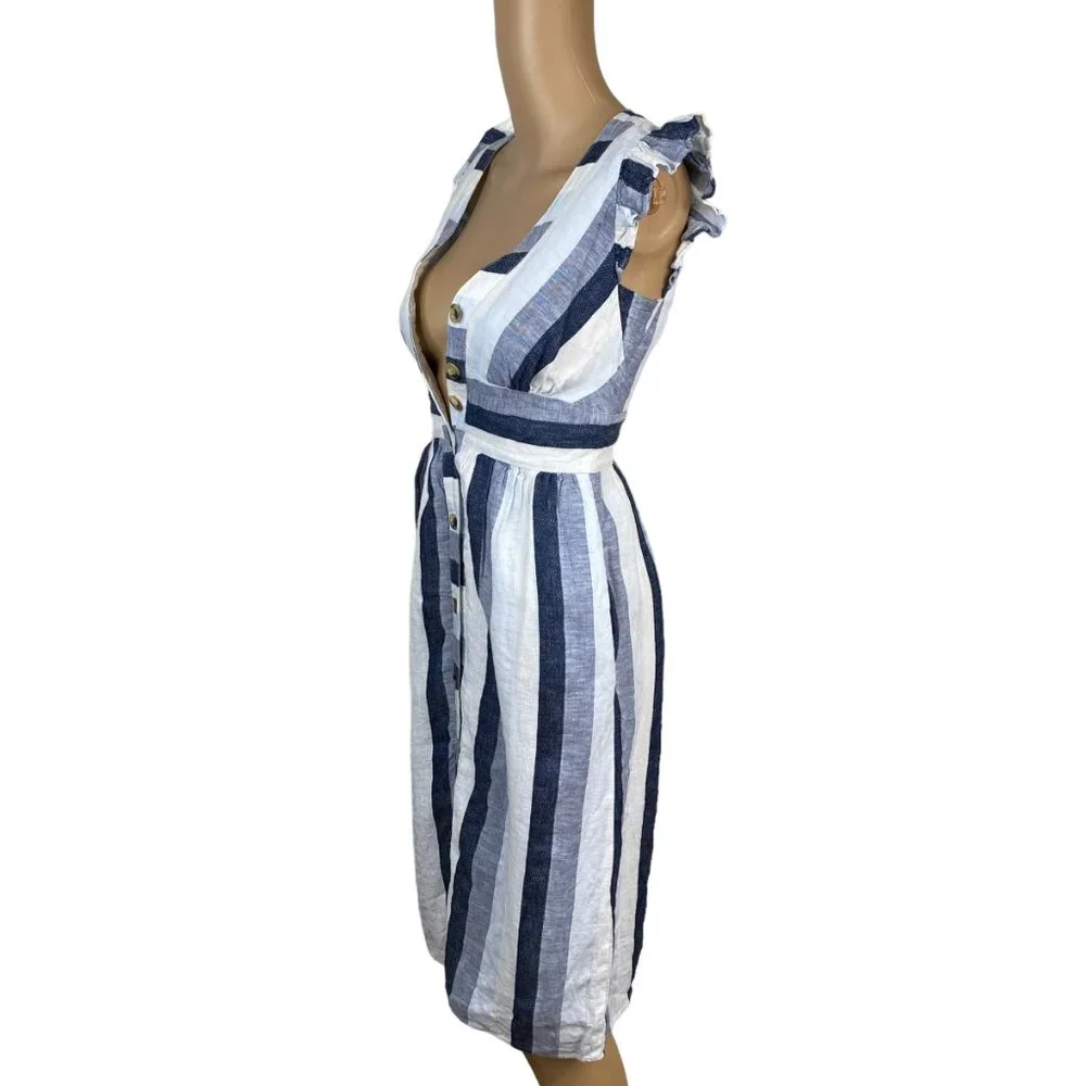 J. Crew Point Sur Linen Striped A-line Dress SZ 00P Blue White Spring Summer - Picture 7 of 10